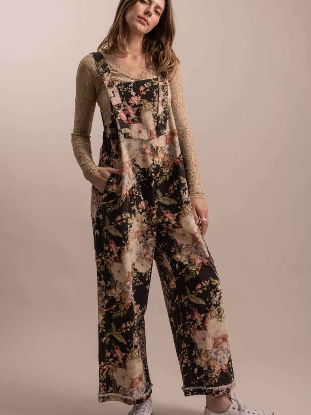 Bluevelvet Floral Print Cotton Adjustable straps pockets Wide leg Bibs Overalls